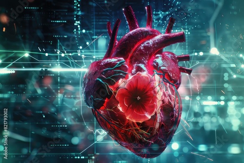 A digitally rendered heart integrated with a vibrant flower, illustrating the intersection of technology and biological life.