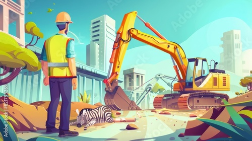 Building construction in city, worker and architect with plan on site with excavator and crane on street road with zebra. Engineering architecture project in town, Cartoon modern illustration.