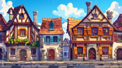 This is a model of a medieval town street with old european buildings strewn along the road. This one is a 2D cartoon cityscape for games with vintage half-timbered facades of houses lining the road.