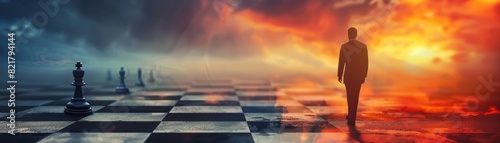 The photo shows a chessboard with a red and yellow sky