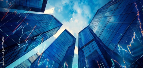 Modern skyscrapers with financial graphs overlay, symbolizing economic growth, financial markets, and corporate business in a dynamic city setting.
