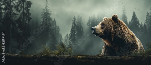 Worried bear on forest background, natural tones, space for text