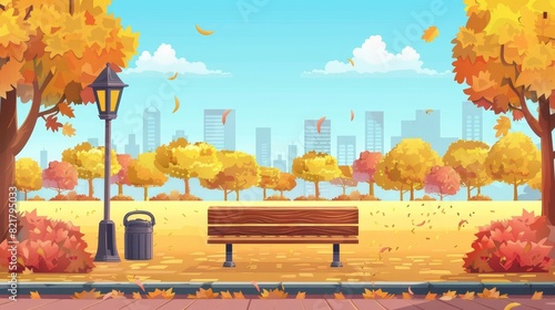 2D fall day urban landscape with yellow trees, lanterns, bins, skyline of town buildings, separated layers for game animation, modern illustration.
