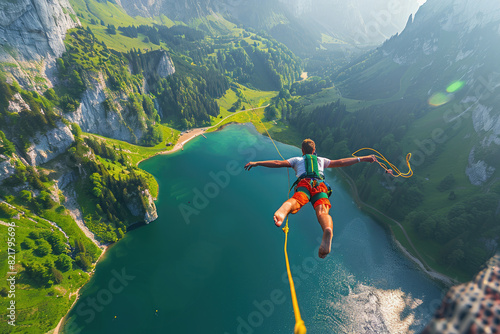 Bungie jumping. The girl overcomes her fear and jumps from a great height to the bottom. Extreme sport