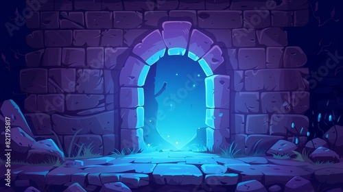 Sculptured stone portal in stone frame on rock ledge at night. Modern parallax background ready for 2d animations with cartoon fantasy illustrations. Game background with mystic blue glowing in