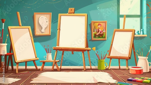 Creative design for painter classes or workshop ads with canvas and easel on wooden desk with plaster head, paintbrushes, frames, colored pencils.