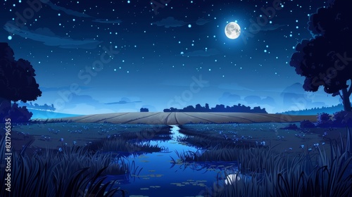 Meadow, rural field, pond, and road in the dark under a dark blue starry sky, with the full moon and stars reflecting in the water. Rustic farmland scenery countryside nature background, cartoon