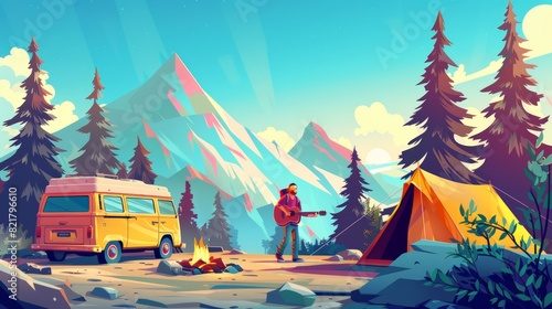 Modern banners of hiking, tourism, camping with a summer landscape with trees, mountains, campgrounds, a fire and a tourist and a van. Modern horizontal banners of hiking, tourism, camping with