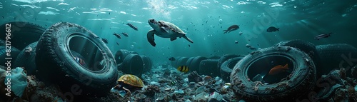 A murky underwater environment filled with plastic waste and old tires, where a turtle is seen trapped in a plastic ring and fish swim through a sea of litter