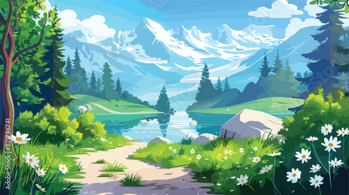 Cartoon summer landscape with forest lake and mountai
