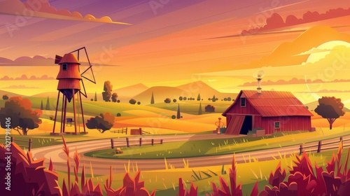 An agricultural field at sunset with a windmill, a water tower, and a farm barn. Modern illustration of rural landscape of farmland with woods, roads, and trees.