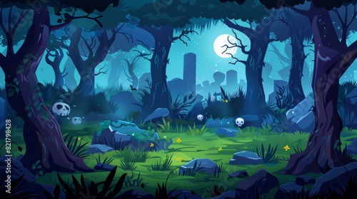 Dark spooky forest at night. Modern illustration of creepy deep forest landscape with tree trunks, grass, stones, and grass.