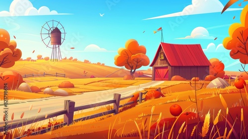 A countryside at autumn with farm barn, windmill, water tower, and agriculture fields. Modern cartoon illustration of a rural farm land with wooden shed, road, and orange trees.