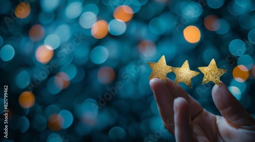 Hand holding Christmas star and lights for tree decoration, in festive golden holiday celebration