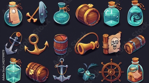 Isolated icons for pirate games, cartoon flag with jolly roger skull, spyglass, anchor, message in a glass bottle, rum flask, steering wheel, and wooden barrel, Modern illustration of a pirate game.
