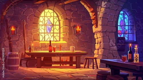 This is a primitive cartoon illustration of an old medieval castle or dungeon room decorated with wooden furniture, candles, stained glass windows and stone walls. This is an illustration of an old