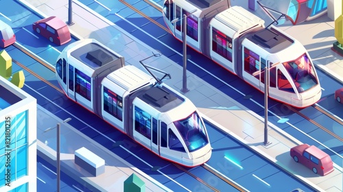 This modern poster shows a tram and trains in an isometric scale, with railway locomotives and freight wagons. It depicts a railway city and commuter trains in a flat illustration.