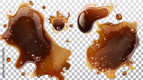 A set of realistic cola or coffee puddles isolated on a transparent background. Modern illustration of brown liquid substance, drink, oil, black soy sauce stains, blobs and bubbles.