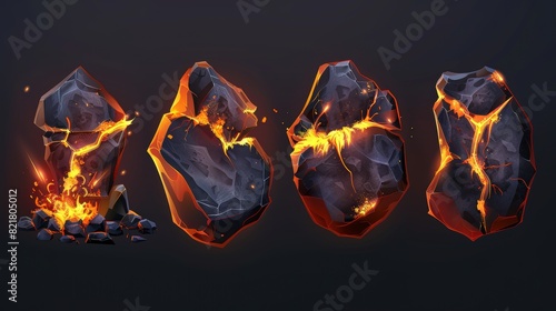 The volcano set includes lava rock with cracks and light textures. Fire and magma in broken stone with glow effects. For hell geology background, black coal object construction is used.