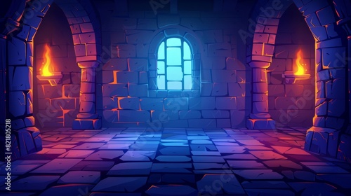 Castle background featuring medieval stone castle interior. Mystic dungeon interior with floor, wall, window and fire torch. Fantasy palace corridor perspective view with symmetry inside design.
