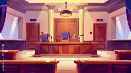 Illustration of a courtroom interior cartoon background. Tables and chairs for lawyers, witnesses, prosecutors, and defendants on hearing sessions. Supreme Court investigation scene.