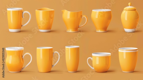 An isolated modern realistic set of teacups, coffee cups, and mugs in side view. The template shows porcelain teacups, blank yellow ceramic mugs with shadows in side view.