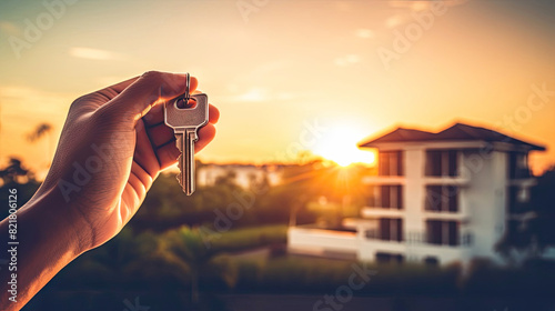Realtor's hand with keys to house for beach holiday in hot tropics with palm trees. Hotel reservations, booking, moving to new house, mortgage, rent and purchase of real estate.