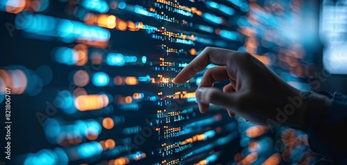 Close-up of hand interacting with futuristic digital screen displaying code and data, representing programming and cybersecurity technology.