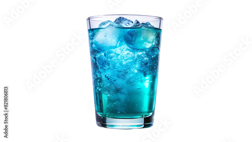 A clear glass filled with blue soda with ice cubes floating inside