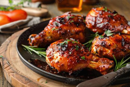 Juicy Glazed Barbecue Chicken Drumsticks on a Rustic Wooden Platter
