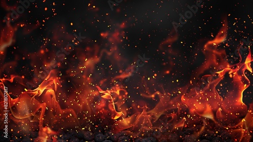Modern realistic poster with fire sparks, embers, smoke, and flame glow on black background showing burn coal, grill, hell or bonfire.