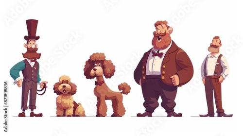 An adorable cartoon character of a circus man standing near a poodle. Funny cirque artist in imaginative retro costume near a jumping dog. A carnival magician with a dog in a vintage suit.
