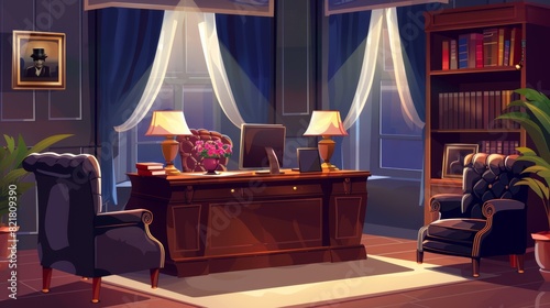 Office room furniture at night. Modern cartoon illustration of work space with computer, lamp, leather armchairs, picture on wall, flower pot, and picture on the wall.