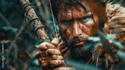 A prehistoric caveman wearing animal skin and fur is hunting with a stone tipped spear in the prehistoric forest. A prehistoric Neanderthal hunter is ready to throw spears into the jungle.