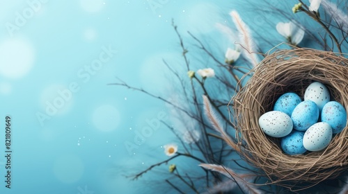 Blue and white Easter eggs in a nest made of twigs on a blue background.