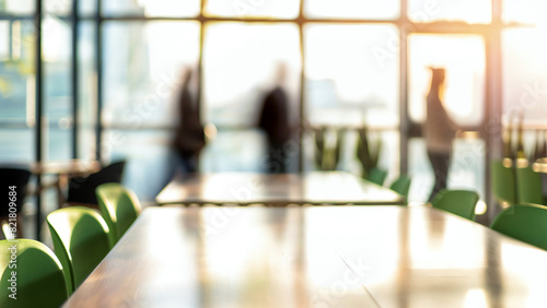 Empty office room tables and green chairs in modern corporate meeting space with blurry silhouettes of people meeting in background