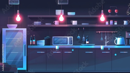 A night office kitchen interior modern background. Microwave, kettle, refrigerator and dishes in a dark modern corporate canteen for snacks or meals.