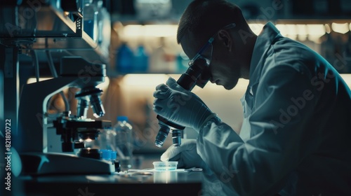The scientist looks under a microscope at a Petri dish sample. Doctors do biotechnology and medicine research at a pharmaceutical lab. Evening work.