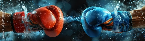 The image shows a pair of red and blue boxing gloves punching each other in a splash of water.