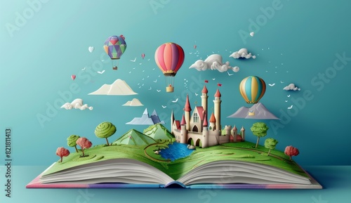 A book with open pages that form the shape of a fairy tale world, with hot air balloons and castles floating in it. 