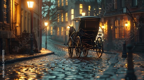 A stately horse carriage on a cobblestone street at high noon with a vibrant, clear sky. 8k, realistic, full ultra HD, high resolution and cinematic photography