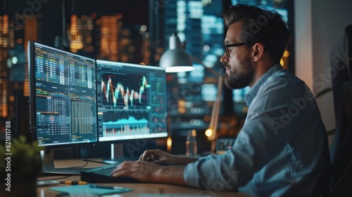 An Investment Banker works night shifts in his downtown office at an Investment Bank using a computer with multi-monitor workstation displaying real-time market charts.