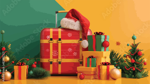 Suitcase with Santa hat decorations and gift boxes ne
