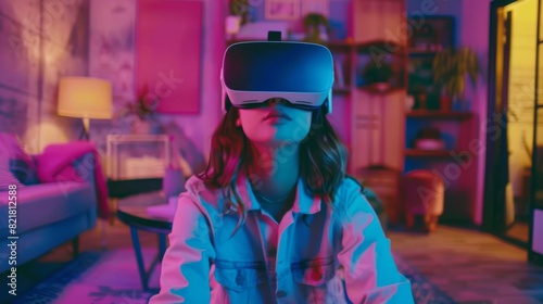The narrator is a creative female wearing a virtual reality headset at home. She enters an unoccupied digital internet studio space for designers. Immersive Social Media Software is being used for