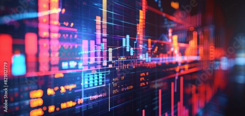 Abstract digital financial data analysis background with glowing graphs and charts showcasing market trends and stock trading technology.