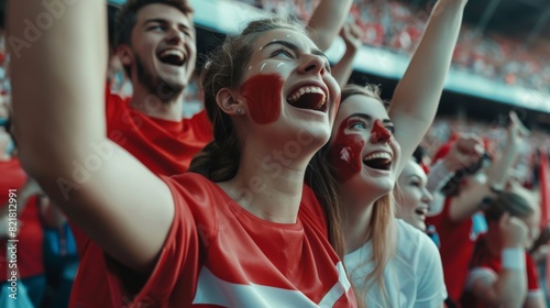 Sports Stadium: Crowd of Fans Cheering for Red Soccer Team to Win. People Celebrate Scoring a Goal, Championship Victory. Cute Caucasian Couple with Painted Faces Cheering.