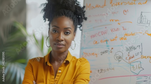 In a meeting room for her colleagues, a beautiful black woman in smart casual attire gives a presentation. A female manager answers questions and writes on a white board.