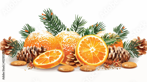 Tasty oranges with pine cones and sweet Christmas coo