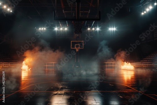 a basketball court in the middle of an arena, flames around it, spotlights shining down on the floor, smoke filling up half the scene.