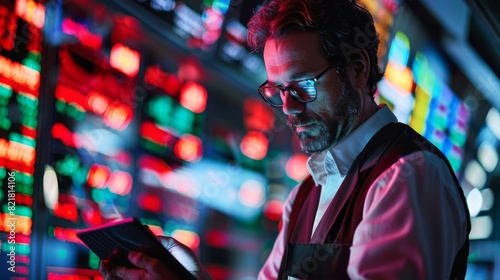 Businessman analyzing financial and corporate data on a tablet. Professional stock exchange trader using a tablet computer to trade shares. Middle-aged stockbroker executing day trades.